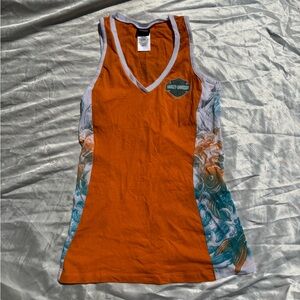Harley-Davidson Orange and Teal V-neck Tank Top